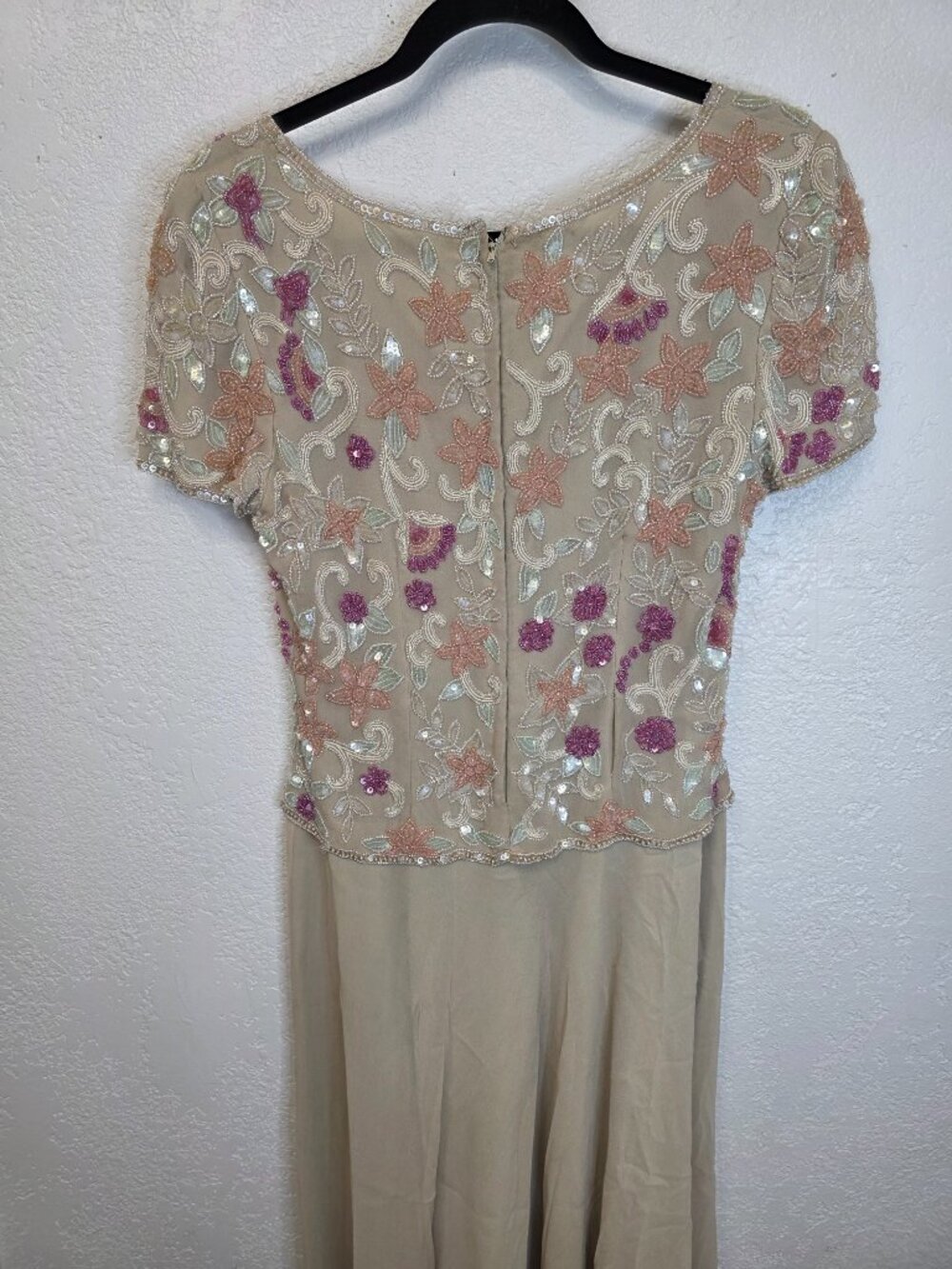 Vintage Beaded Beige Dress Floral Embellished Swing‎ Midi No Tags - Picture 10 of 11